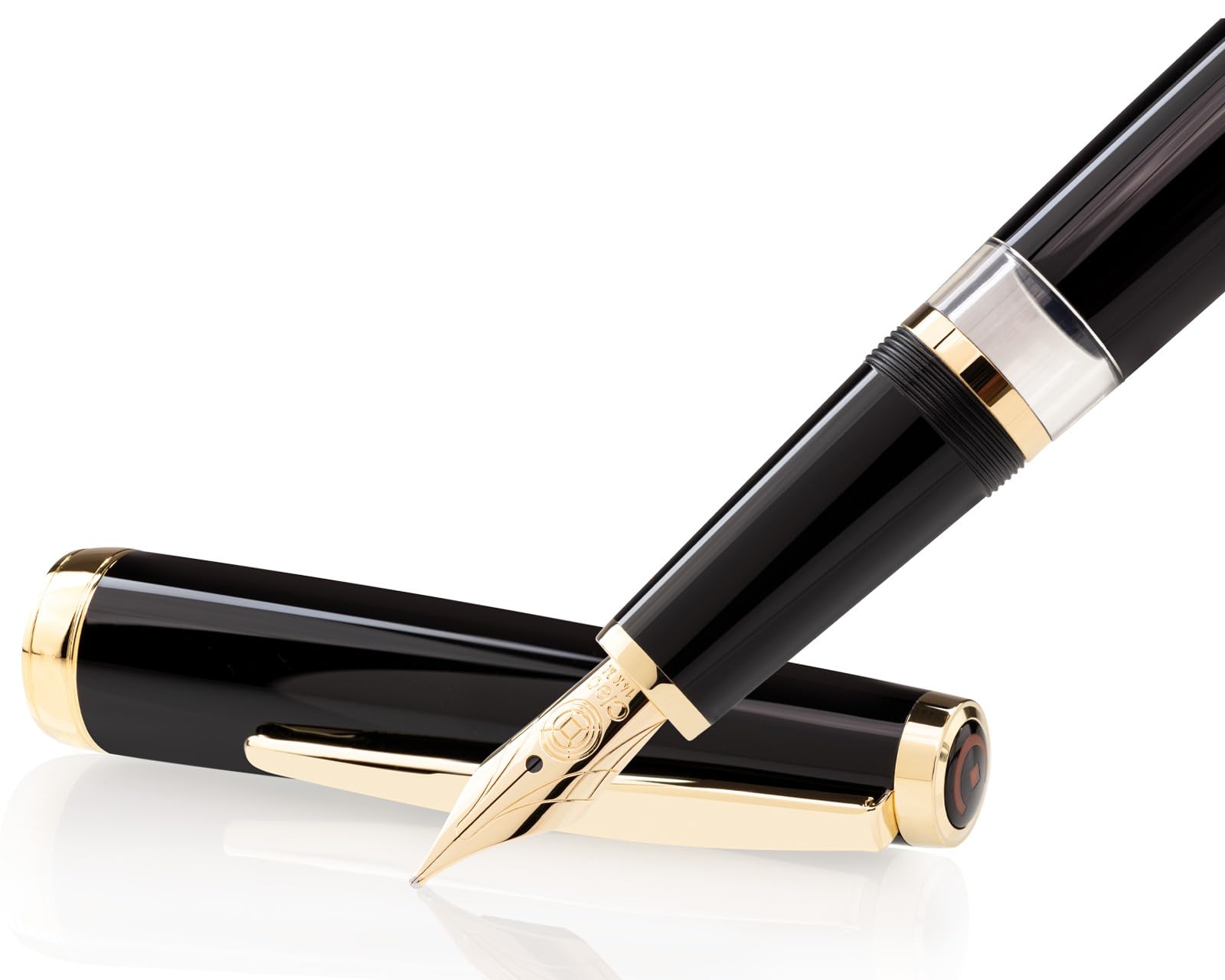 CLEO Classic black +++ Piston Fountain Pen, 14 CARAT GOLD NIB (M) +++ gold-plated rings and clip +++ HAND MADE IN GERMANY