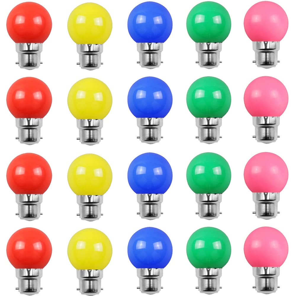 Aiwerttes 20 Pack Colored Bulbs LED 2W B22 G45 Lighting Bulbs,LED Coloured GolfBall Bulb, Mixed Colours Red Green Blue Pink Yellow