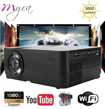 Myra Q3 Smart WiFi/Miracast with 3000lumens 1280 * 720P LED Projector Portable, Supports 1080P, WiFi, HDMI, USB, VGA, AV Devices for Home Theater Movie Laptop Game Party (Black)