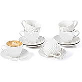 Espresso Cup and Saucer Set of 6, 6 oz Ceramic Cappuccino Barista Cup with Saucer, Stackable Coffee Mugs for Demitasse, Au Lait, Latte, Cafe Mocha, Tea, Birthday Day Thanksgiving Christmas Gift, White