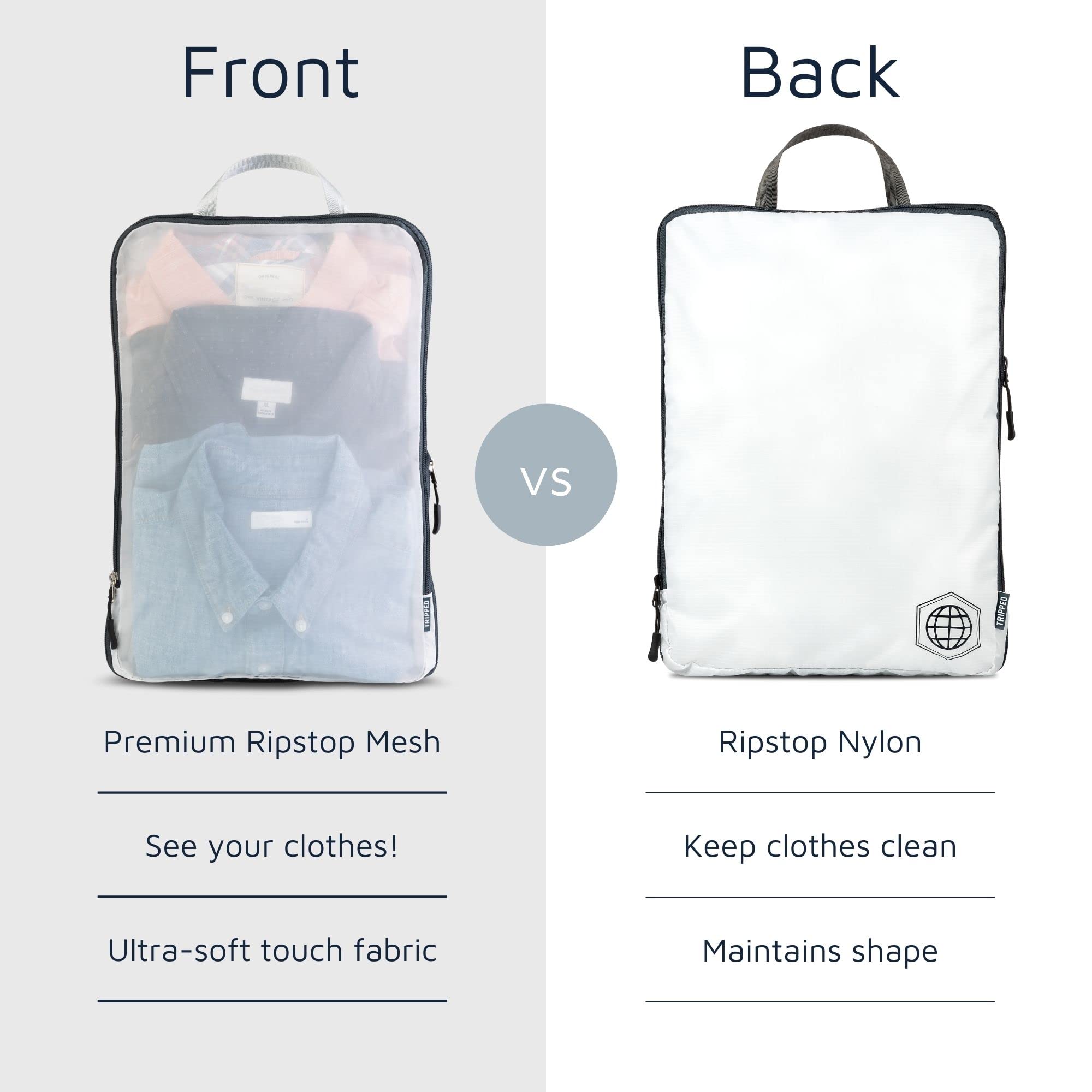 Large Packing Cube Set with See Through Mesh- Compression Packing Cubes Travel Organizers by TRIPPED Travel Gear (White)