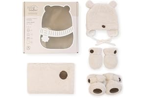 PETIT COULOU Teddy Bear Newborn Baby Gift Box 0-6 Months – Cozy Winter Set with Baby Mittens, Booties, Beanie & Blanket – Per