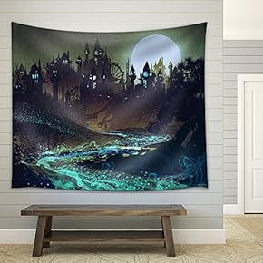 Beautiful Landscape with Mysterious River,Full Moon Over Castles,Illustration Painting - Fabric Wall Tapestry Home Decor - 51x60 inches