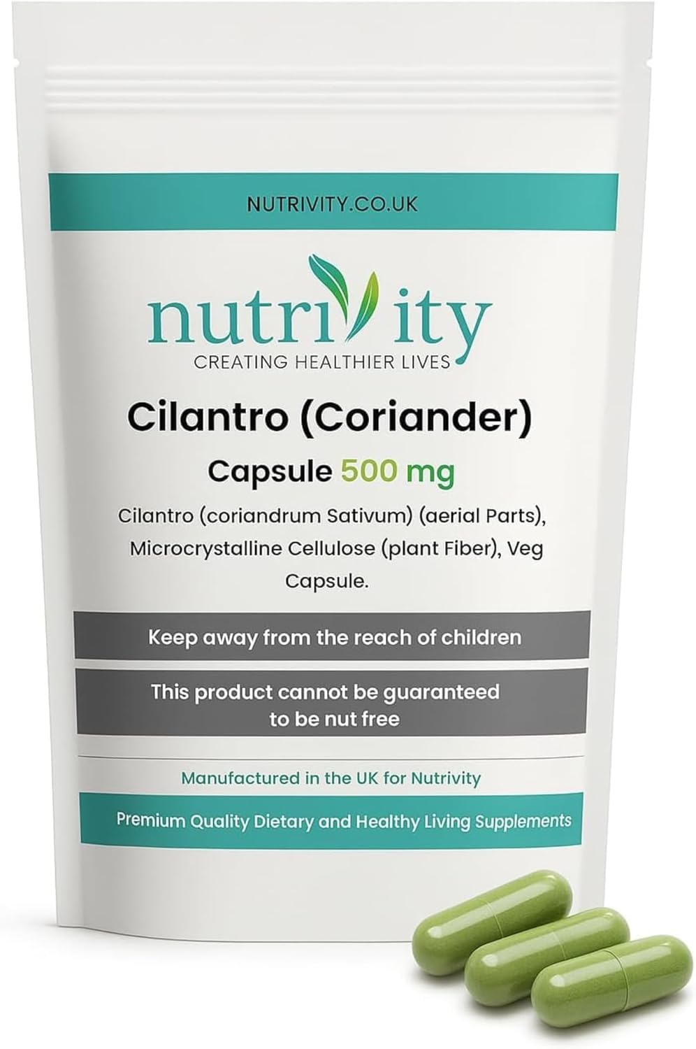 Nutrivity 500mg Vegan Cilantro Capsules, Fresh Coriander Leaf & Herb Complex, Natural Herbal Cleanser for Digestive Support - Colon Cleanse Support Supplement, Made in The UK – 30 Capsules