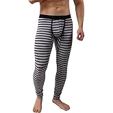 Men’s Cotton Pouch Long Johns Thermal Underwear Bottoms Winter Sexy Striped Pants Tights Legging