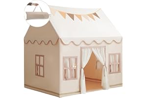 RONGFA Large Kids Tent Playhouse Base Fabric with Star Lights, Flags and Tote Bags, Kids Play Tent Indoor & Outdoor, Washable Teepee Tent for Boys & Girls, Play House for Toddler, Neutral Color