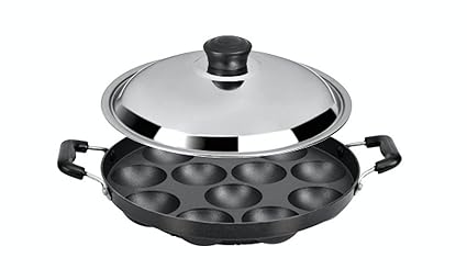 Tosaa 12 Cavity Appam Patra Side Handle with Lid, 23 cm, Black