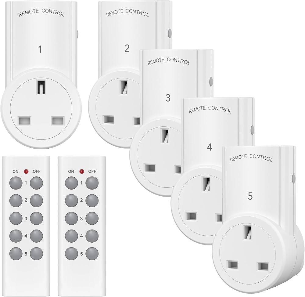 HBN Remote Control Plug Socket 13A 3120W 100ft Range 5 Pack Sockets & 2 Remotes