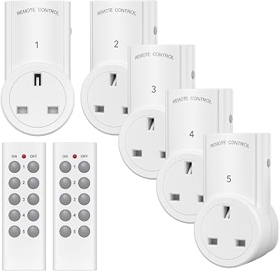 HBN Remote Control Plug Socket 13A 3120W 100ft Range 5 Pack Sockets & 2 Remotes