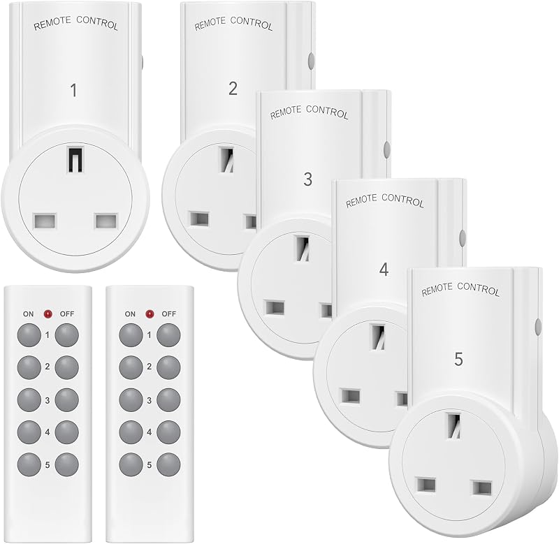 HBN Remote Control Plug Socket 13A 3120W 100ft Range 5 Pack Sockets & 2 Remotes