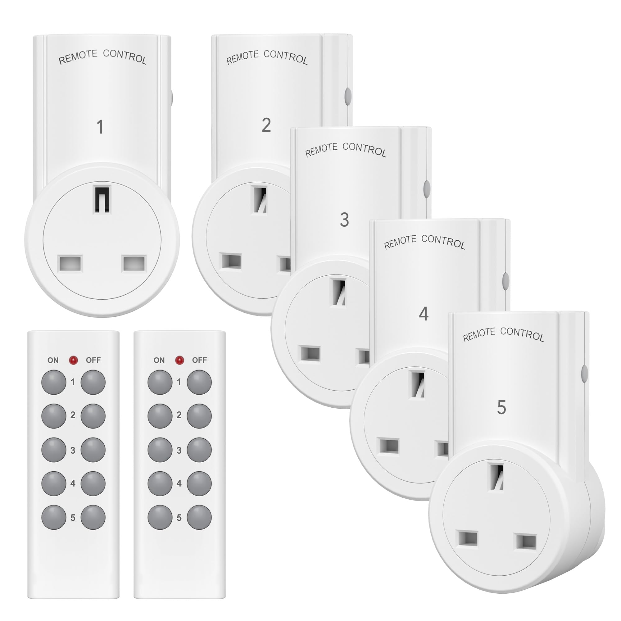 HBN Remote Control Plug Socket,13A/3120W Wireless Light Switch 30M/100ft Operating Range for Household Appliances,5 Pack Sockets and 2 Remotes