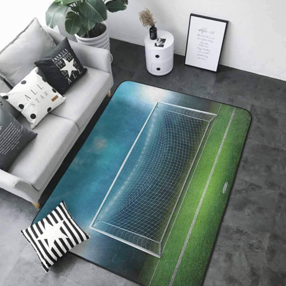 Kitchen Carpet Soccer,Soccer Goal Post Sports Area Winner Loser Line Floodlit Best Team Finals Game Theme, Green Blue 36"x 60" Low-Profile Mats