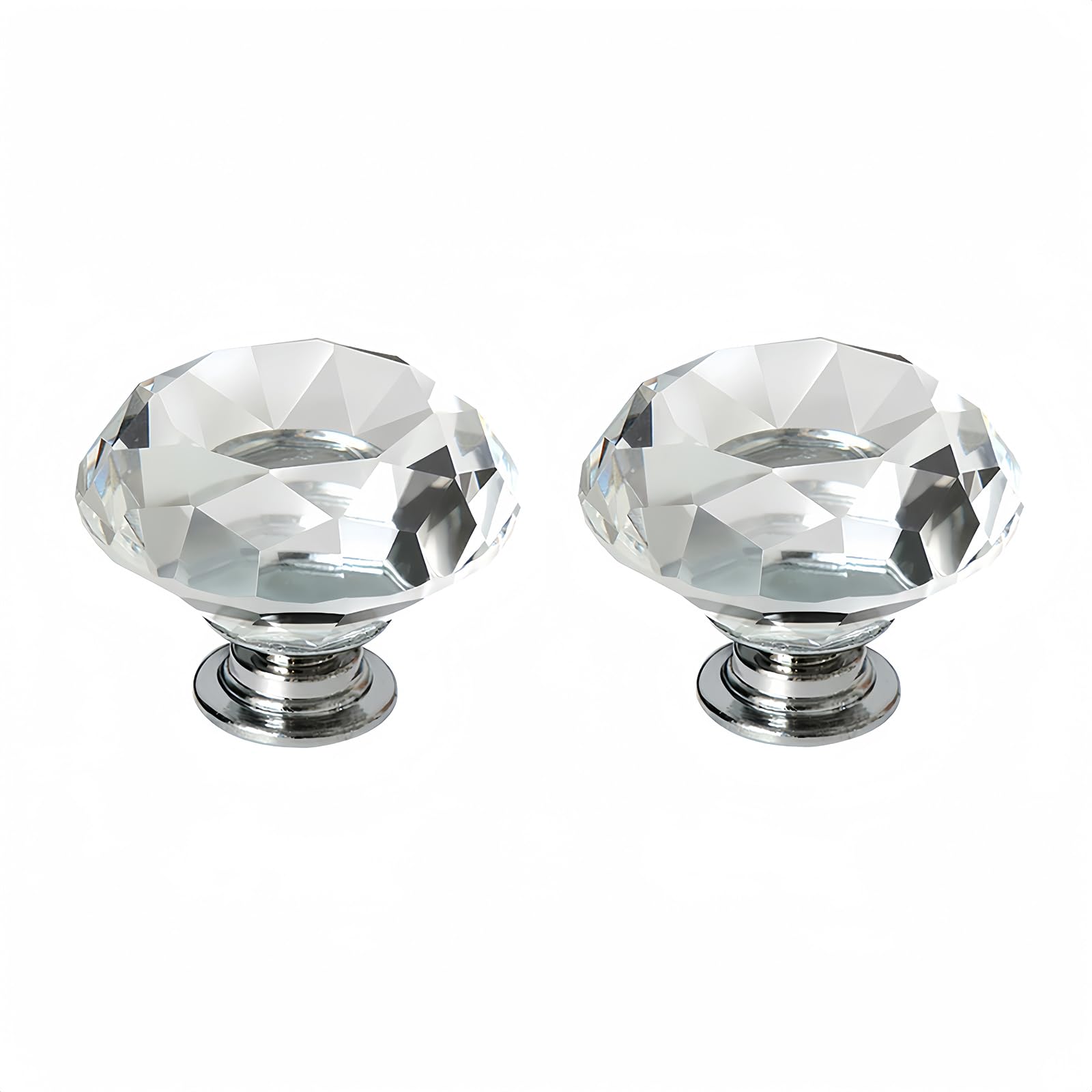 Boxonly 2Pcs Transparent Crystal Cabinet Door Knobs 40mm Cupboard Dresser Drawer Flat Diamond Pull Handles with M4x22mm Screws