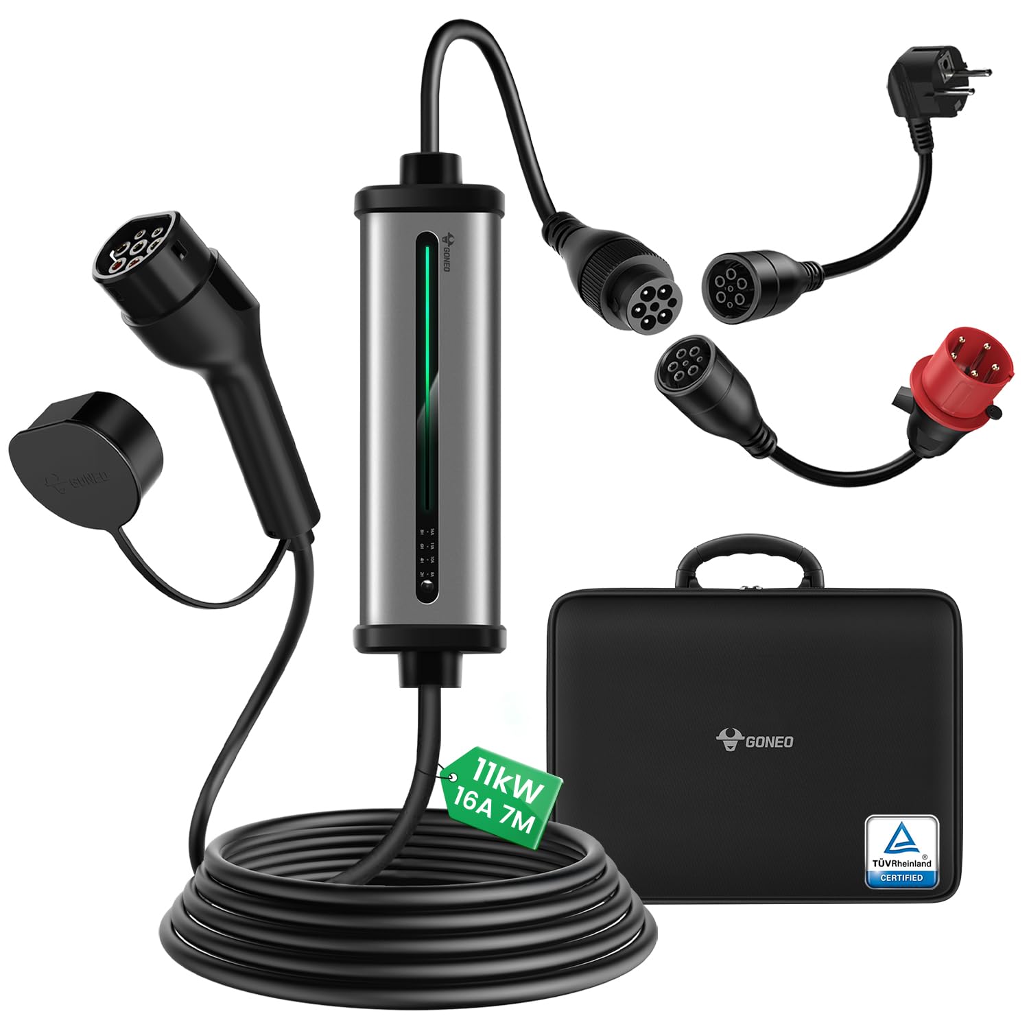 GONEO Mobile Wallbox/Ladestation 11kW 3-Phasig|8-16A|7m–Typ 2 Ladekabel mit CEE Stecker und Schuko Stecker mit Einstellbarer Ladeleistung,IP66,Kompatibel mit Model Y/3,ID3/4/5 und BEV/PHEV Tragetasche