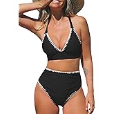 CUPSHE Women's Bikini Sets High Waisted Swimsuit Deep V Neck Crisscross Back Tie Stitching Ruched Full Coverage