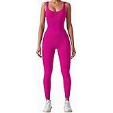 AURUZA Jumpsuit for Women Workout Seamless Jumpsuits Yoga Ribbed One Piece Tank Tops Rompers Sleeveless Exercise Jumpsuits, L, Rose