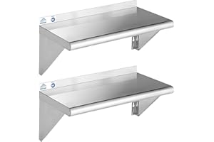 ROCKPOINT Stainless Steel Shelf 12 x 24 Inches 250lb, 2 Pack NSF Metal Commercial Shelves Wall Mount Floating Shelving with Backsplash for Restaurant, Kitchen, Home and Hotel, Silver