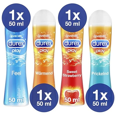 Gleitgel 4er Mix-Set für Sie und Ihn mit 1x Durex Play Wärmend + 1x Durex Play Prickelnd + 1x Durex Play Sweet Strawberry + 1