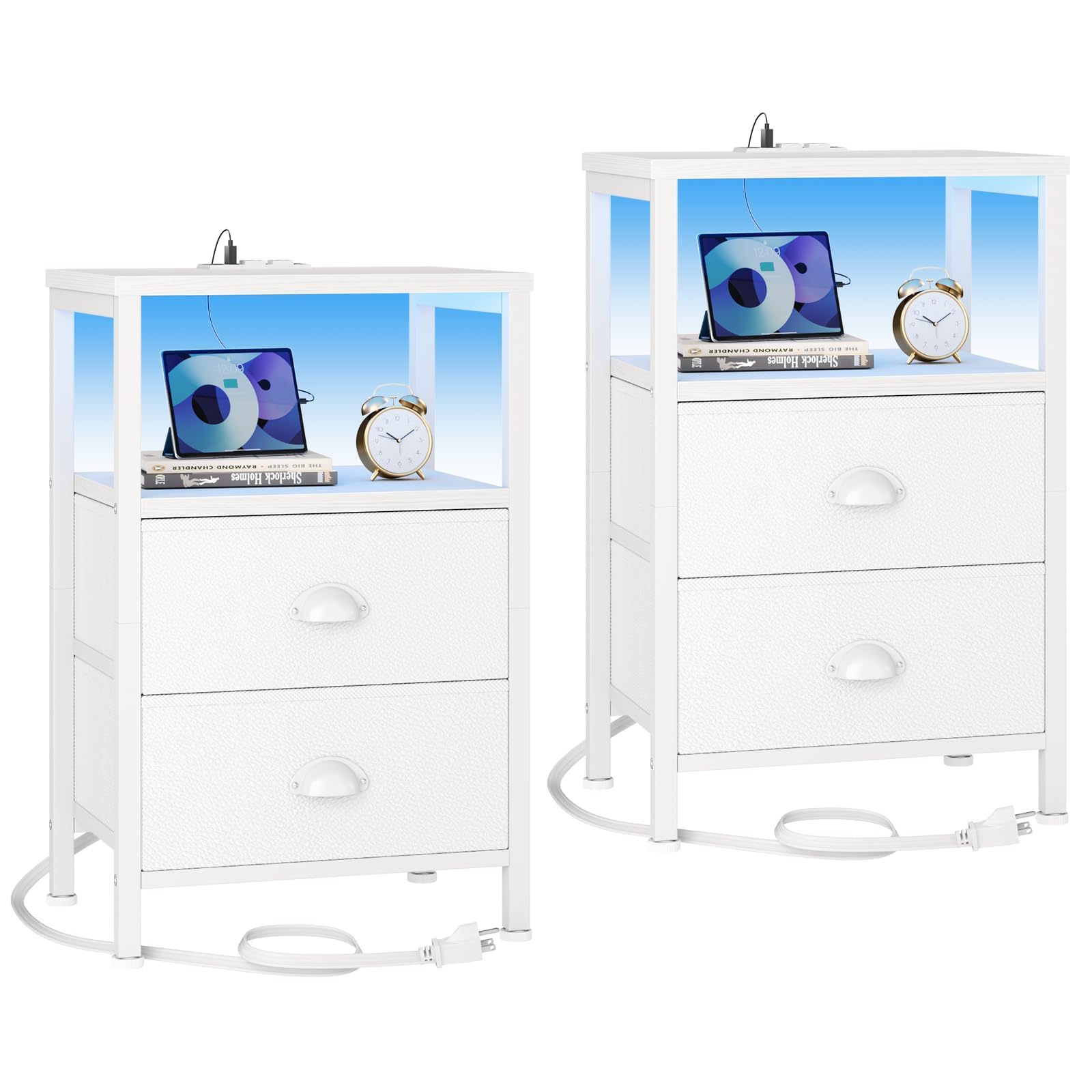Photo 1 of Furologee Nightstands Set of 2, End Tables Set of 2 with Charging Station and LED Lights, White Night Stands with 2 Fabric Drawers, Bedside Tables for Living Room/Bedroom