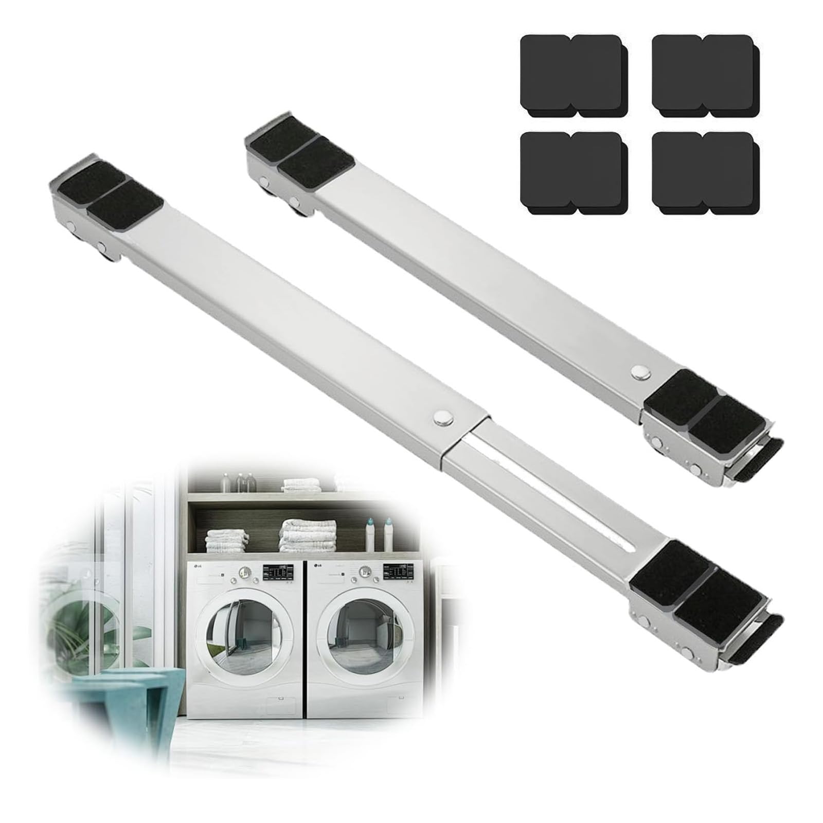 TUAKIMCE Heavy Duty Appliance Rollers, Adjustable Furniture Moving Roller Wheels with Brake, Washing Machine Wheels Load Bearing 660lbs for Refrigerators Sofa and Dryer（White）