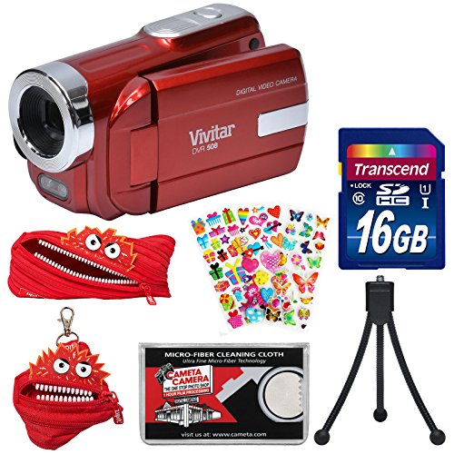 Click Here to See More Images Vivitar DVR-508 HD Digital Video Camera Camcorder (Red) with 16GB Card + Monstar Case & Pouch + Puffy Stickers + Tripod + Kit