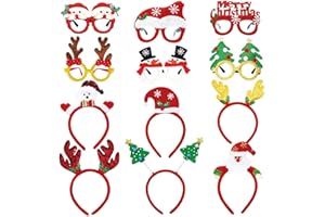 LUKBERA 12Pcs Christmas Headbands Glasses Frames Decoration, Reindeer Antler Xmas Tree Snowman Santa Hat Glitter Hair Hoop Head Boppers Headwear Eyeglasses for Adults Kids Merry Christmas Party Photo Props