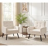 Skandiquip Accent Chair for Living Room Set of 2, Comfy Armchair, Cream | Mid-Century Modern Single Sofa Reading Chair, Large Seat &amp; 496 Lb. Weight Capacity, Dual Armrests, for Bedroom, Apartment
