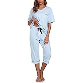COLORFULLEAF Womens Cotton Pajama Sets Short Sleeve Top With Capri Pants Sleepwear 2 Piece Lounge Set with Pockets