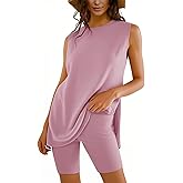 Outfeel Women Two Piece Short Set Summer Sweatsuit Beach Outfits Sleeveless Tunic Top and Shorts Lounge Set