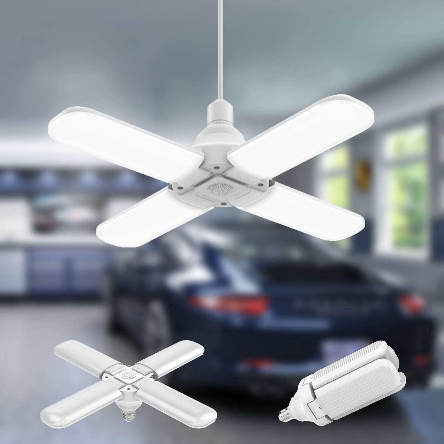SUNVP LED Garage Light 4 Adjustable Panels, 60W 6000LM Deformable Garage Ceiling Lights, 6500K Daylight Shop Lights LED Super Bright Glow Light for Basement Barn Workshop Warehouse Workbench