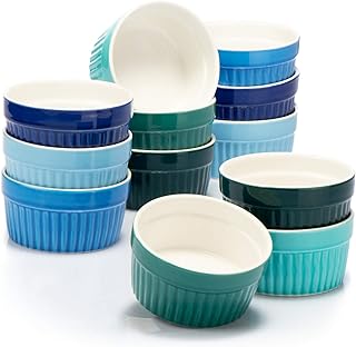 COM-FOUR® 12x Soufflé Förmchen - Creme Brulee Schälchen aus Keramik - Ofenfeste Förmchen - Dessertschale und Pastetenförmchen für z.B. Ragout Fin - je 200 ml - in verschiedenen Grün- und Blautönen