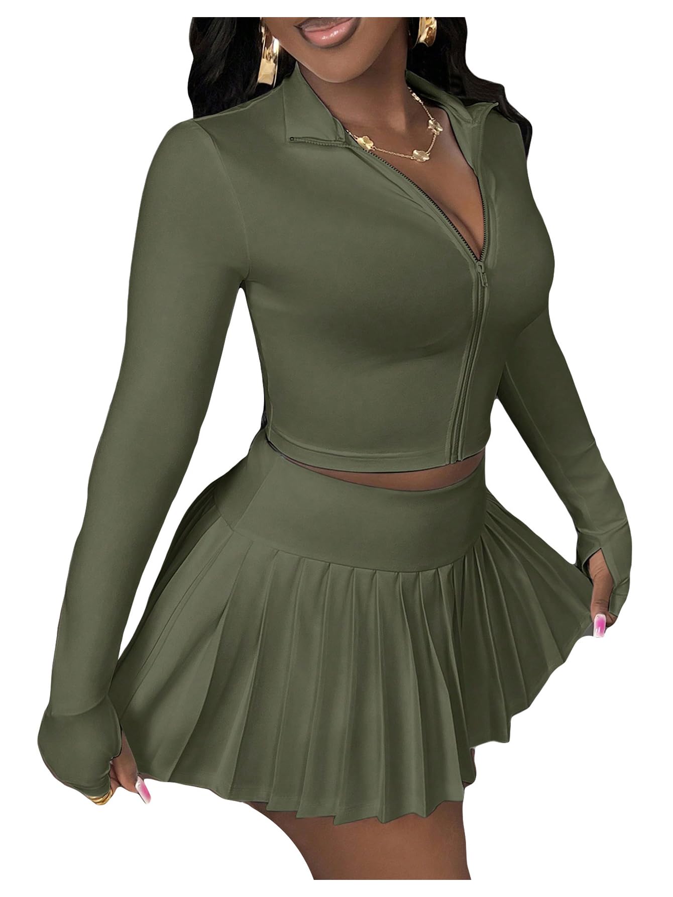 Photo 1 of SOLY HUX Women's Skirt Sets 2 Piece Outfits Long Sleeve Crop Top with Pleated Mini Skirt Set Activewear Party Outfits for Women Army Green Small