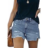 Metietila Women's Casual High Waisted Denim Shorts Frayed Raw Hem Stretch Ripped Jean Shorts
