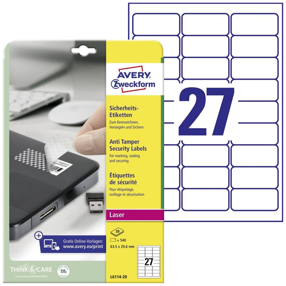 Avery L6114-20 Anti Tamper Labels (A4 Sheets of 63.5 x 29.6 mm, 27 Labels per Sheet, 20 Sheets) - White — image 1