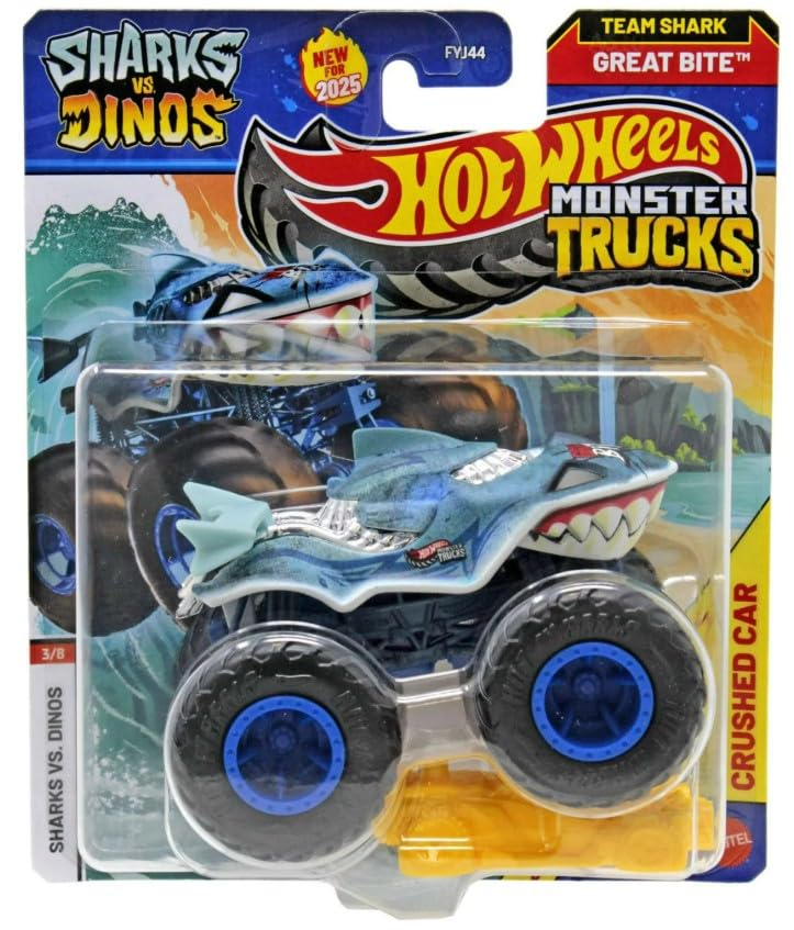 Hot Wheels Monster Trucks Sharks vs Dinos, 1:64 Scale Die-Cast Vehicle Collection, 2025 Edition (3/8 Team Shark Great Bite) — image 1