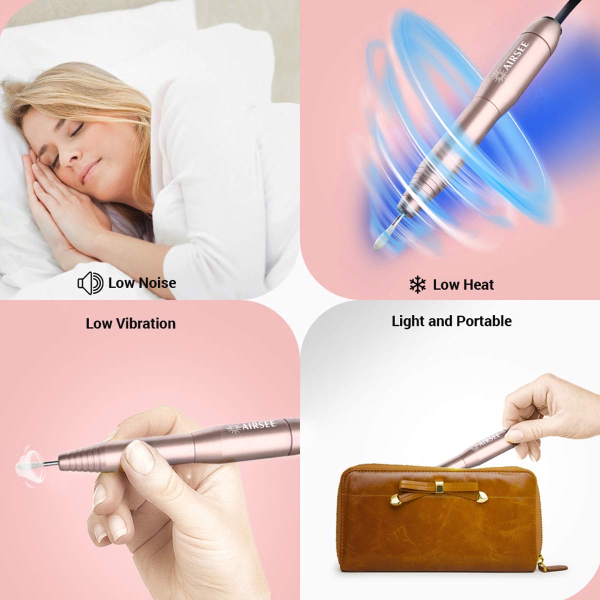 AIRSEE Portable Electric Nail Drill Professional Efile Kit For Acrylic, Gel Nails, Polishing Shape Tools with 11Pcs Nail Drill Bits, 26 Sanding Bands, Glass Nail File, Manicure Set, Nail Brush (Gold): Beauty
