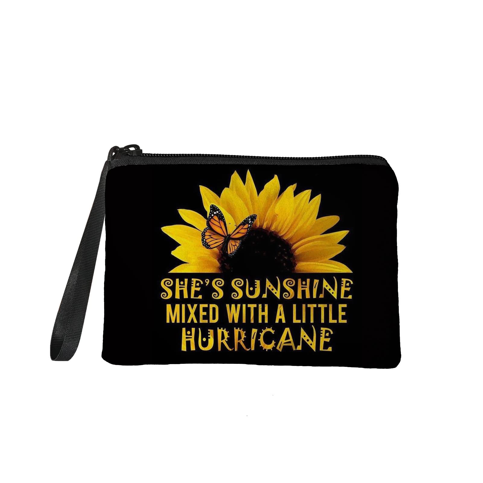 Wanyint Coin Purse She is Sunshine Sunflower Butterfly Print Money Bag Small Cash Register Bags Black Background Zipper Coin Bag Wallet — image 1