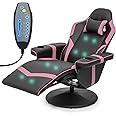 Athena Collection Massage Gaming Chair with Bluetooth Speaker Ergonomic Computer Desk Chair Swivel Office Chair Adjustable Recliner PU Leather Chair w/Footrest Cup Holder Side Pouch Headrest, Pink