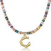 YOUFENG Initial Letter Necklaces for Women Colorful Beaded Gemstone Choker 14K Gold Plated Bamboo Letter Pendant Necklace Natural Stone Handmade Jewelry Gift