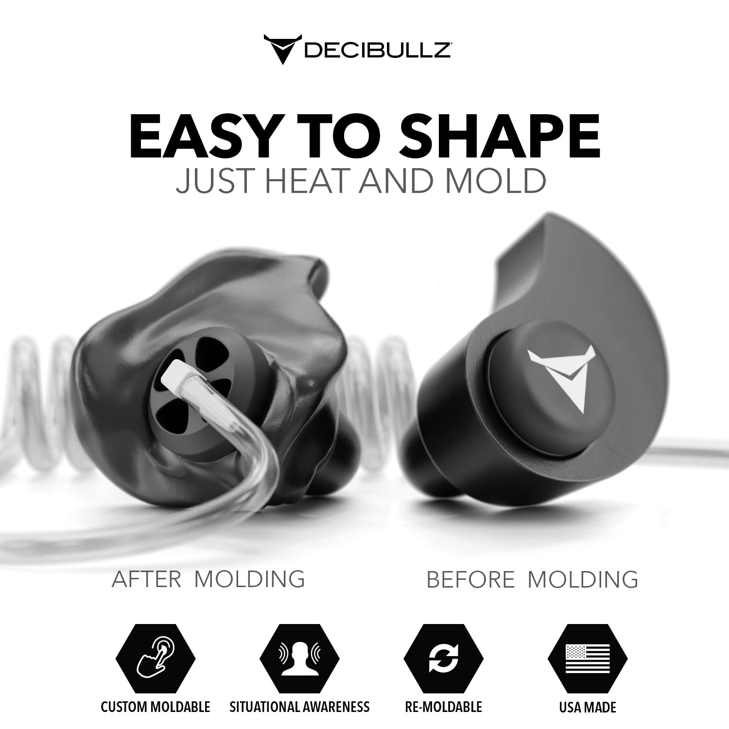 Decibullz Custom Moulded Security Two-Way Radio Surveillance Earpiece Set, Thermo-Fit Designed for Clear Acoustic Tube Radios | Model: +Awareness