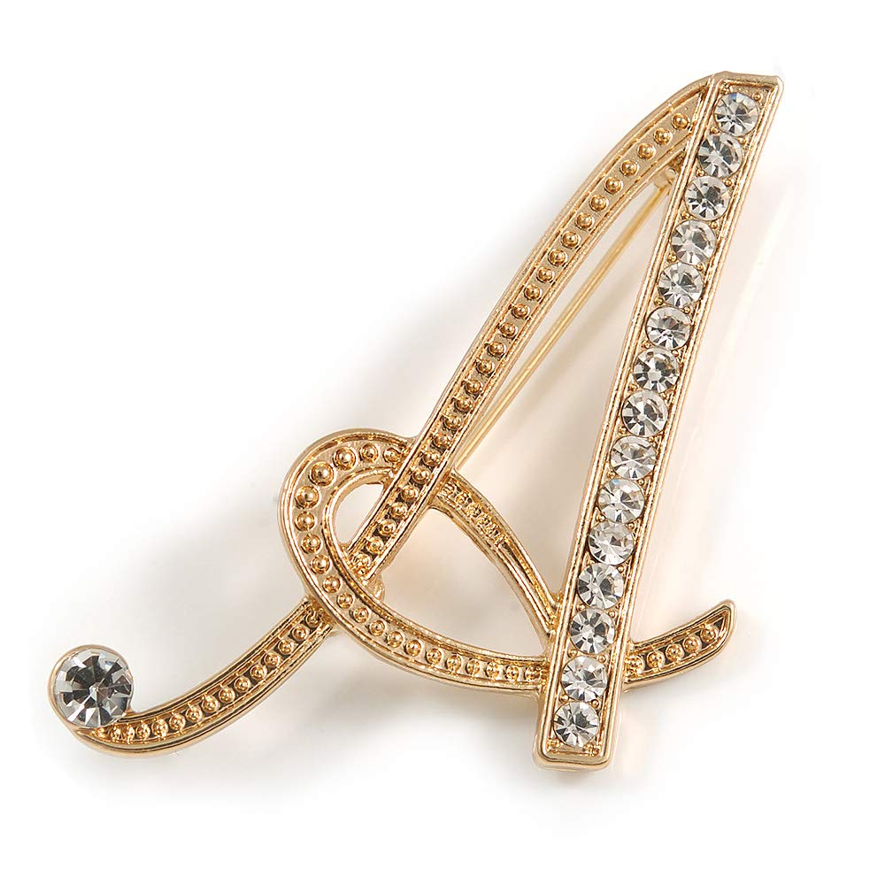 'A' Gold Plated Clear Crystal Letter A Alphabet Initial Brooch Personalised Jewellery Gift - 45mm Tall
