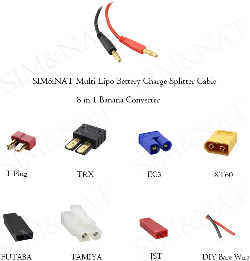 SIM&NAT RC Lipo Battery Charger Adapter Connector Splitter Cable, 8 in 1 Octopus Convert Wire to 4.0mm Banana Plug for TRX, Tamiya, EC3, JST, Futaba, XT60, T- Dean: Toys & Games