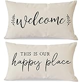 Farmhouse Throw Pillow Covers 12x20 Set of 2 Welcome This is Our Happy Place Outdoor Front Porch Patio Decorations Lumbar Decorative Throw Pillows Cases for Home Bed Living Room Couch Bench Decor