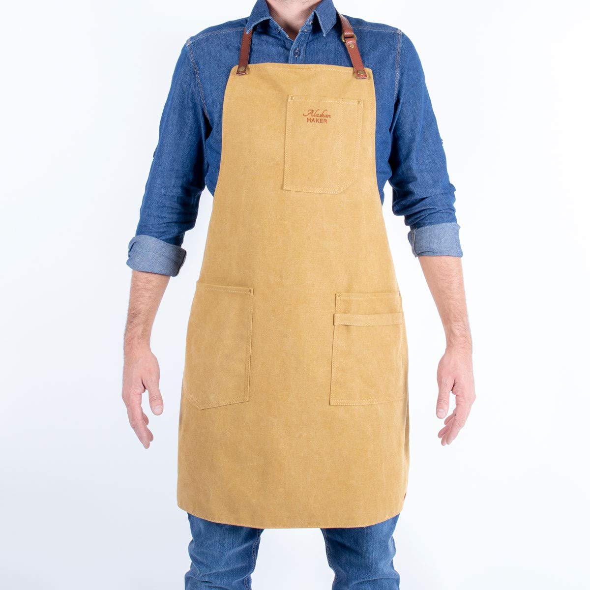 Alaskan MAKER No.325 Vintage Canvas and Leather Kitchen Apron - Tie Ties, Universal Size for Men and Women (Mustard)