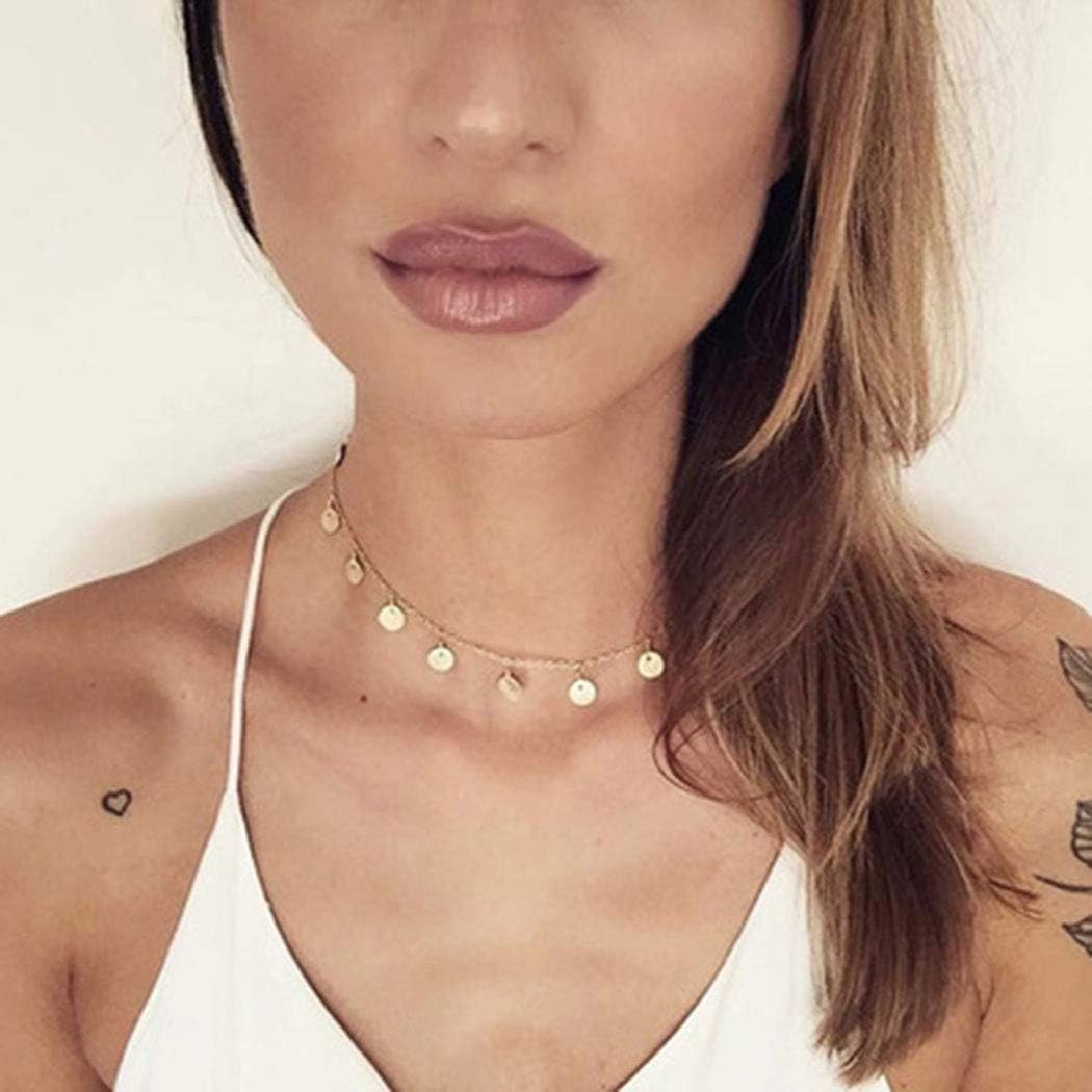 Fstrend Fashion Punk Necklace Dainty Coin Tassel Simple Choker Pendant Necklaces Jewelry for Women and Girls(Gold)