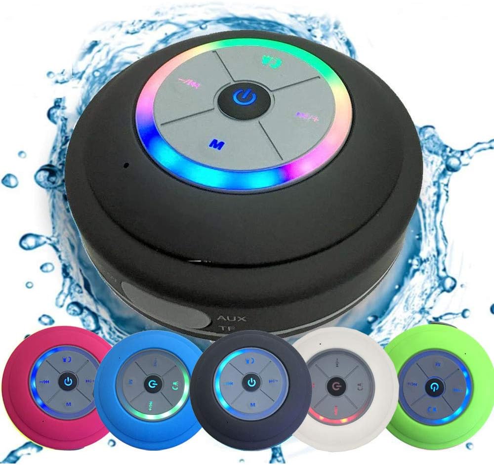 GuppyWater Resistant Bluetooth LED Shower Speaker - FM Radio TF Card Reader, 2016 Model Kid-Friendly, Built-in Control Buttons, Speakerphone, Powerful Suction Cup for Indoor/Outdoor Use (Black)