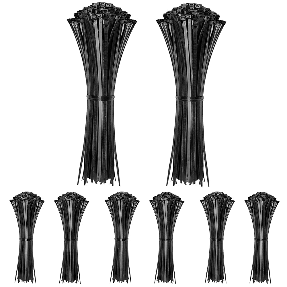 ATETEO Black Cable Ties, 300mm x 4.8mm, Pack of 400, Premium Nylon Zip Ties, Multi-Purpose Plastic Tie Wraps, Secure Self-Locking Mechanism, for Home, Garden, Office and DIY