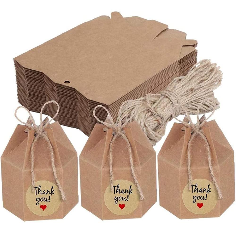50 Pieces Paper Candy Boxes, Creative Paper Treat Boxes, DIY Party Gift Boxes, Comes with Rope and Stickers, for Wedding Banquet Birthday Party Engagement Party(Brown)
