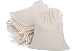 GIYOMI 20 Pcs Muslin Drawstring Bags - Natural Unbleached Cotton Straining Bags for Herbs, Cheese, Coffee, Tea, Soup, Broth, Spices (8 x 10 inches)