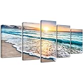Pyradecor 5 Panels Blue Beach Sunrise White Wave Pictures Painting on Canvas Wall Art Modern Seascape Giclee Canvas Prints Seaview Landscape Artwork for Home Office Decorations